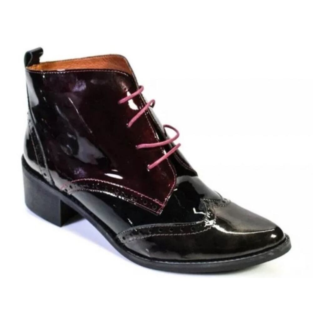 Anthropologie Marroqui Sanchez Burgundy Black Patent Leather Size 40 Ankle Boots
